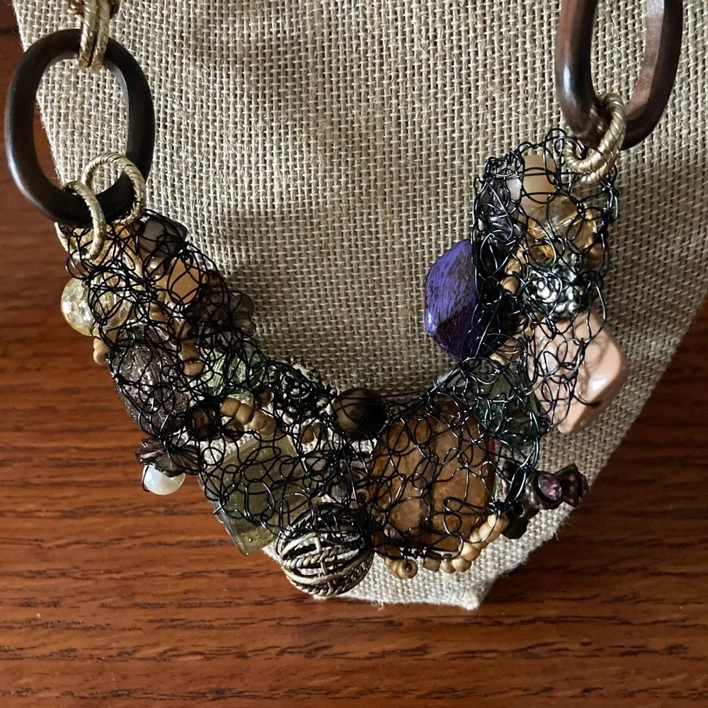 Handcrafted Vintage Boho Made in Italy Wire Wrap Necklace Stones Metal